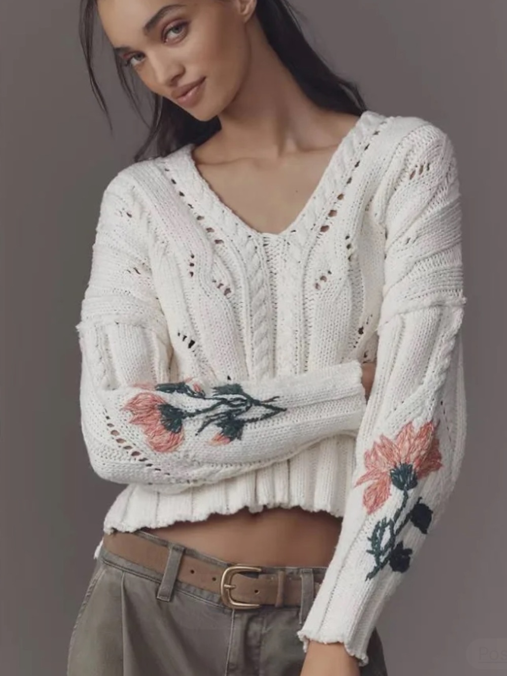 Pilcro Cream V-Neck Cable Knit Sweater